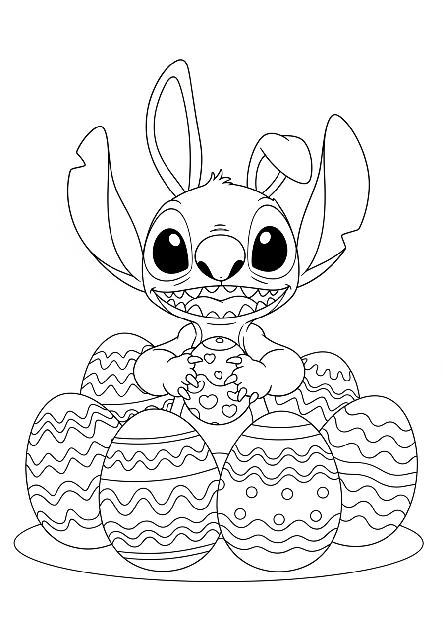 Desenho do Stitch segurando ovo de Páscoa para colorir