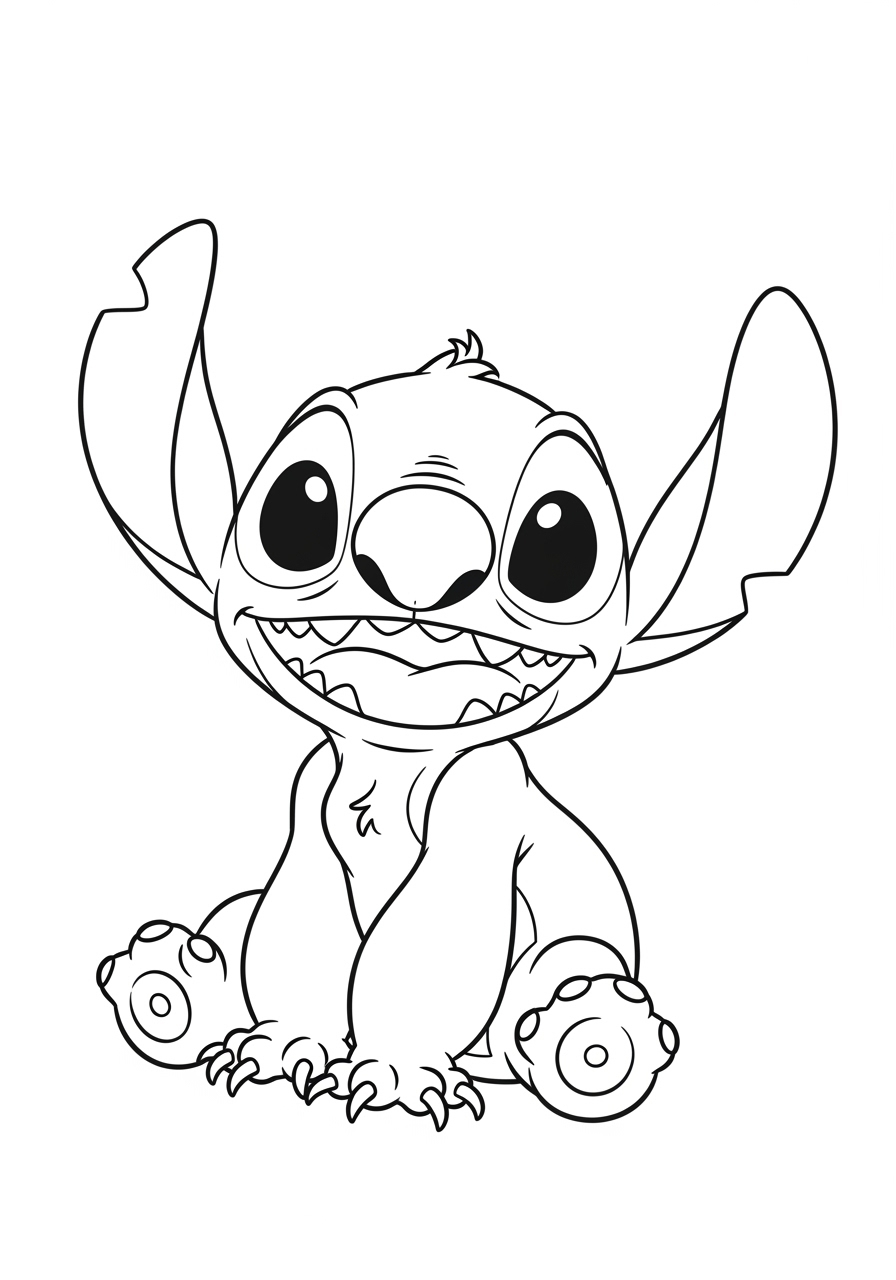 Desenho do Stitch sorrindo sentado para imprimir e colorir