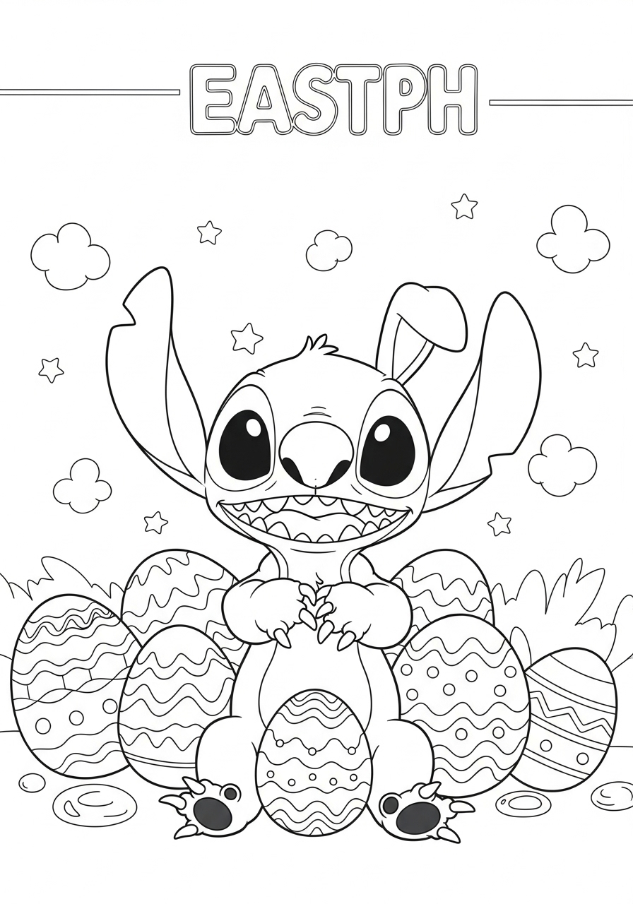 Desenho do Stitch segurando ovos de Páscoa para colorir