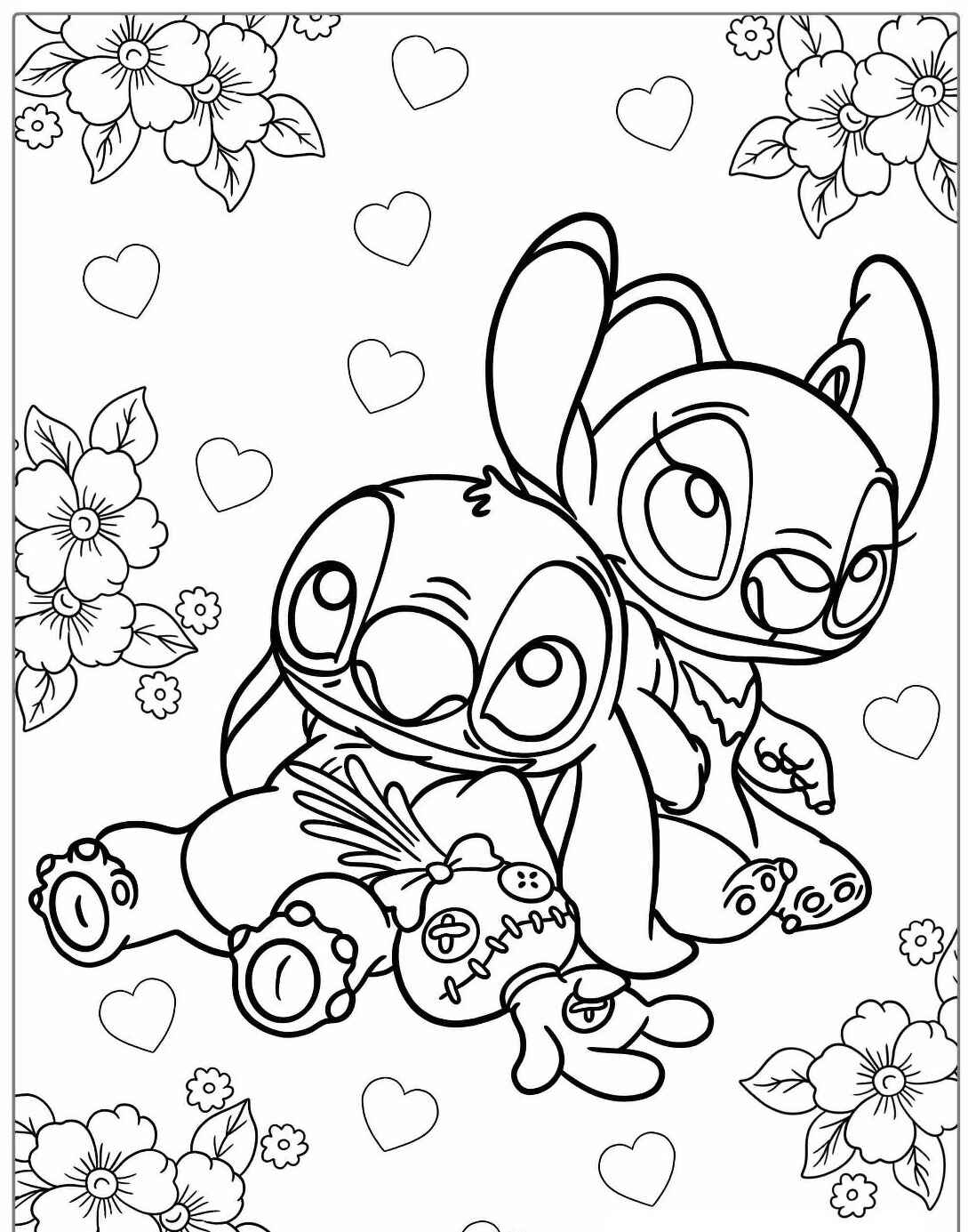 Desenho do Stitch e Angel com flores para imprimir e colorir