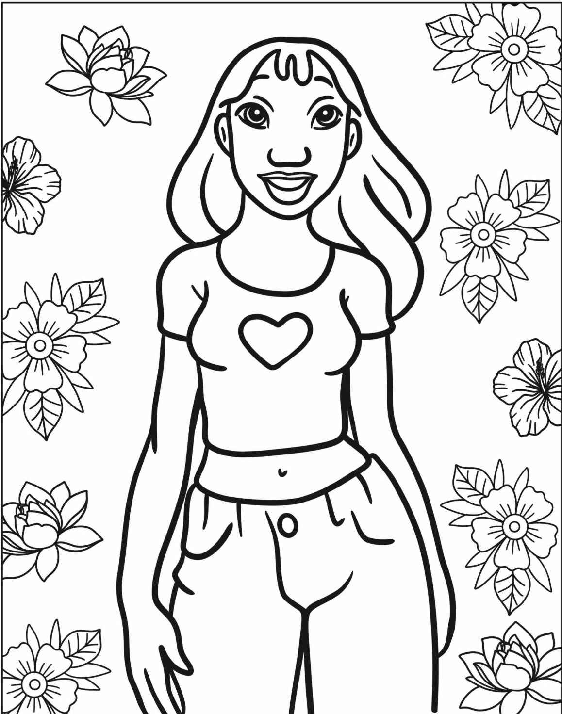 Desenho de uma garota sorridente rodeada por flores