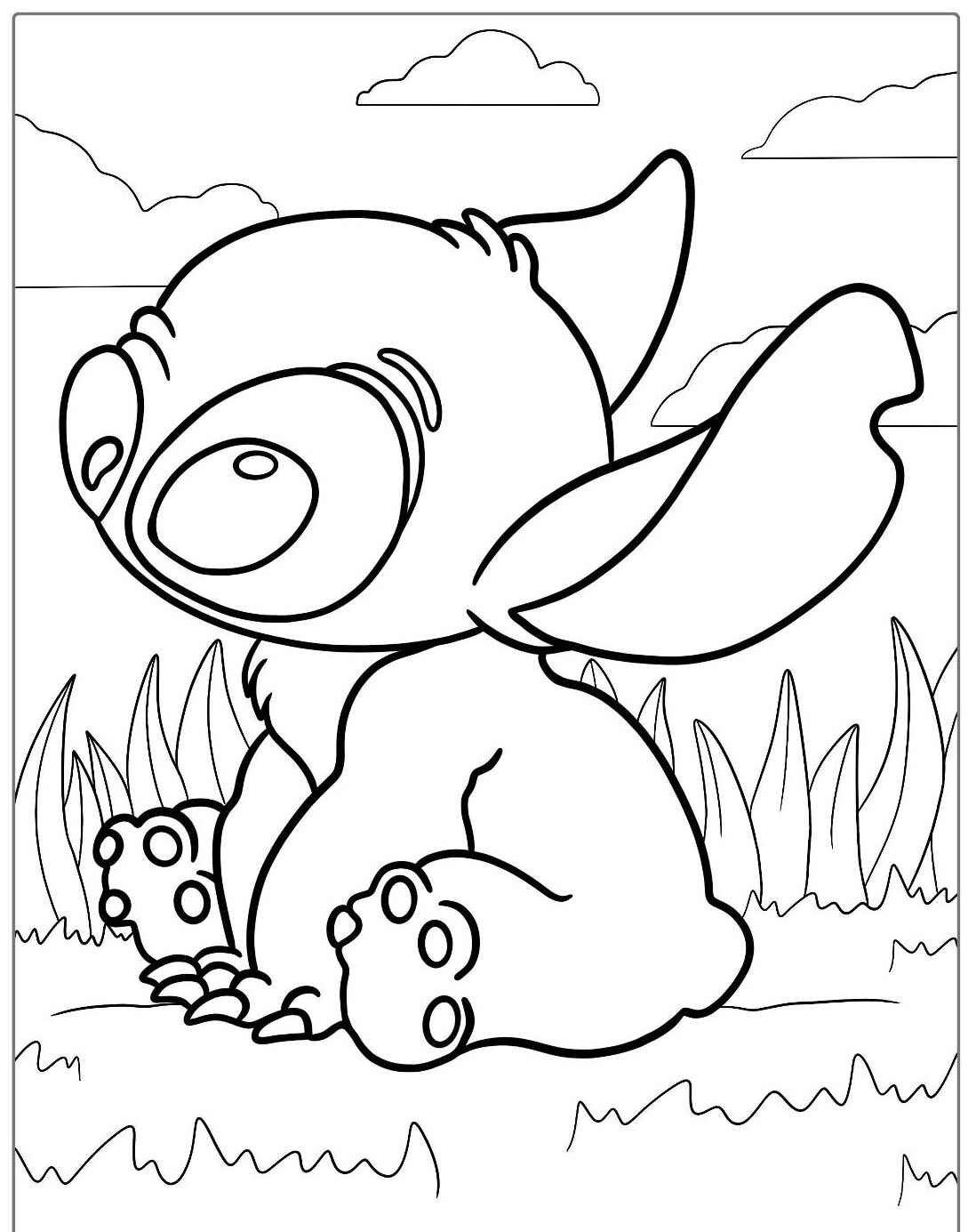 Desenho do Stitch sentado em um campo para imprimir e colorir