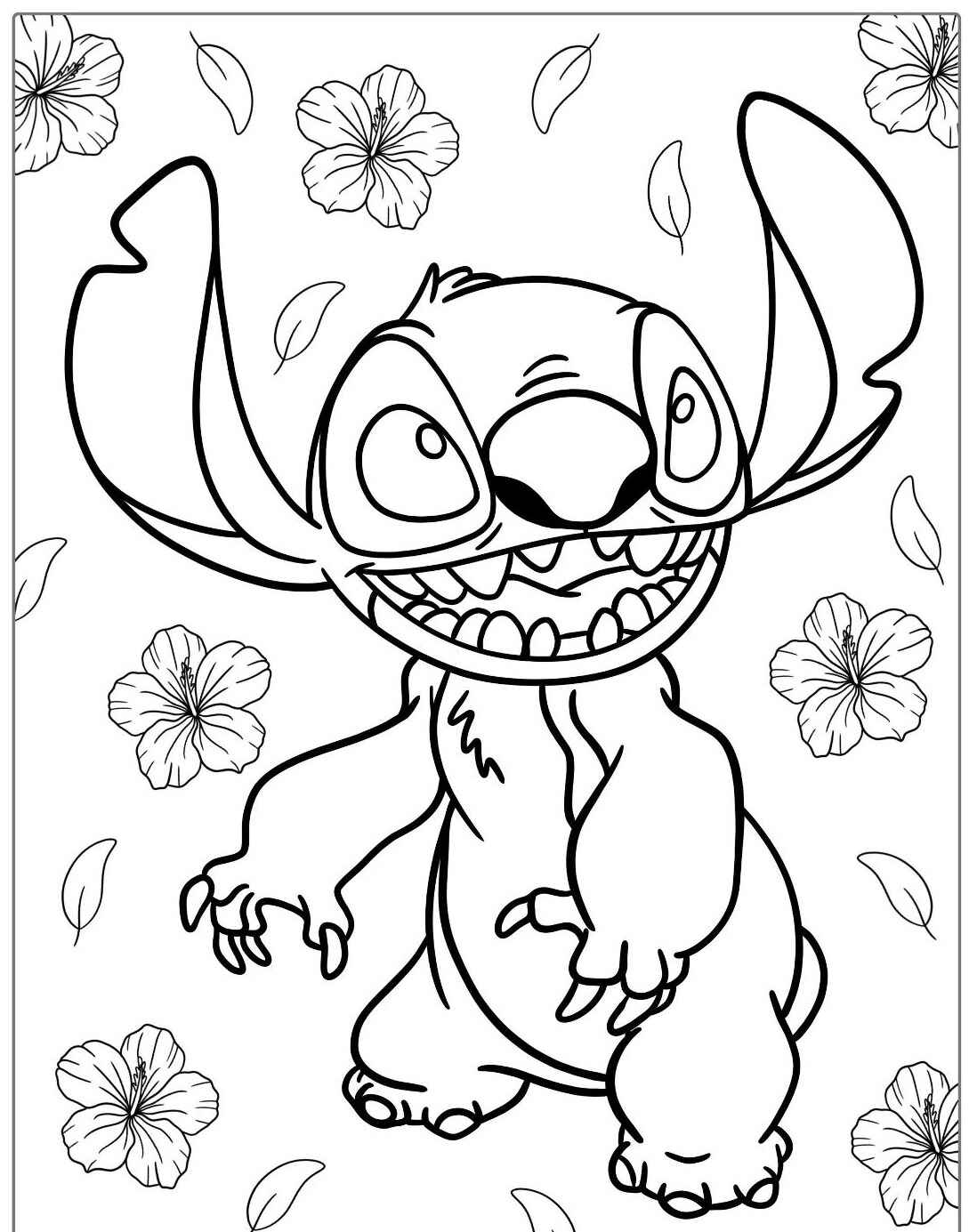 Desenho do Stitch sorrindo entre flores para imprimir e colorir