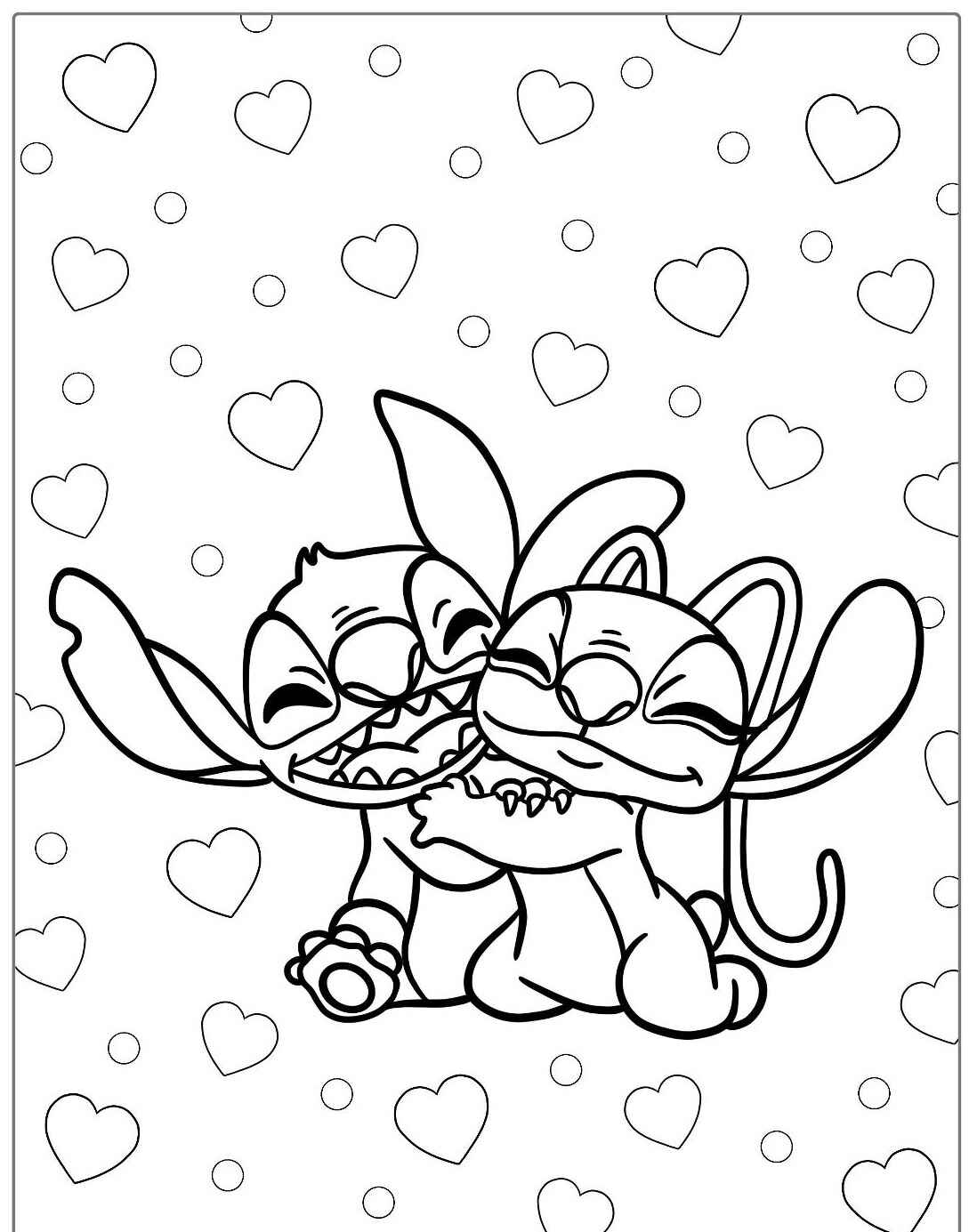 Desenho do Stitch e Angel se abraçando para imprimir e colorir