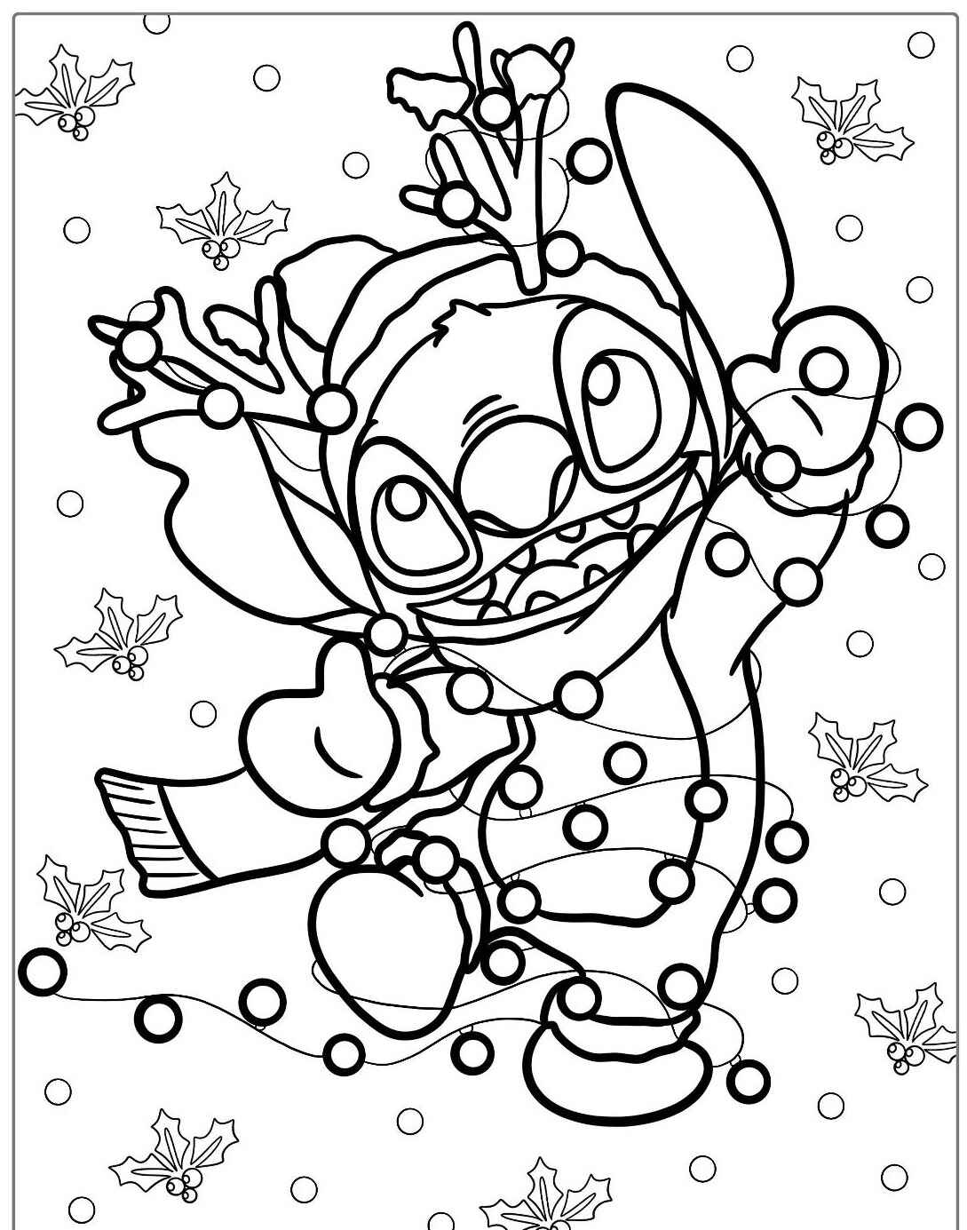 Desenho do Stitch com gorro e luzes para imprimir e colorir