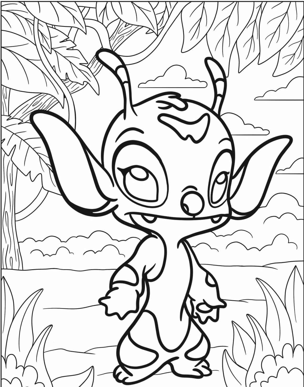 Desenho do Stitch sorrindo em meio à natureza para colorir