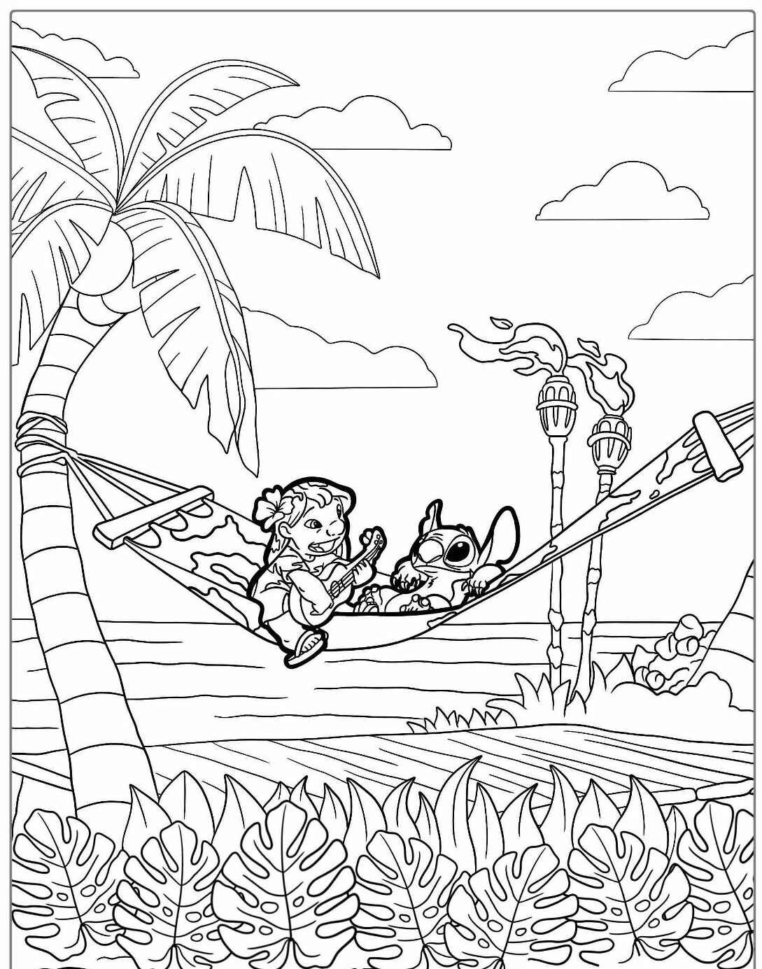 Desenho do Stitch e Lilo relaxando na rede para colorir