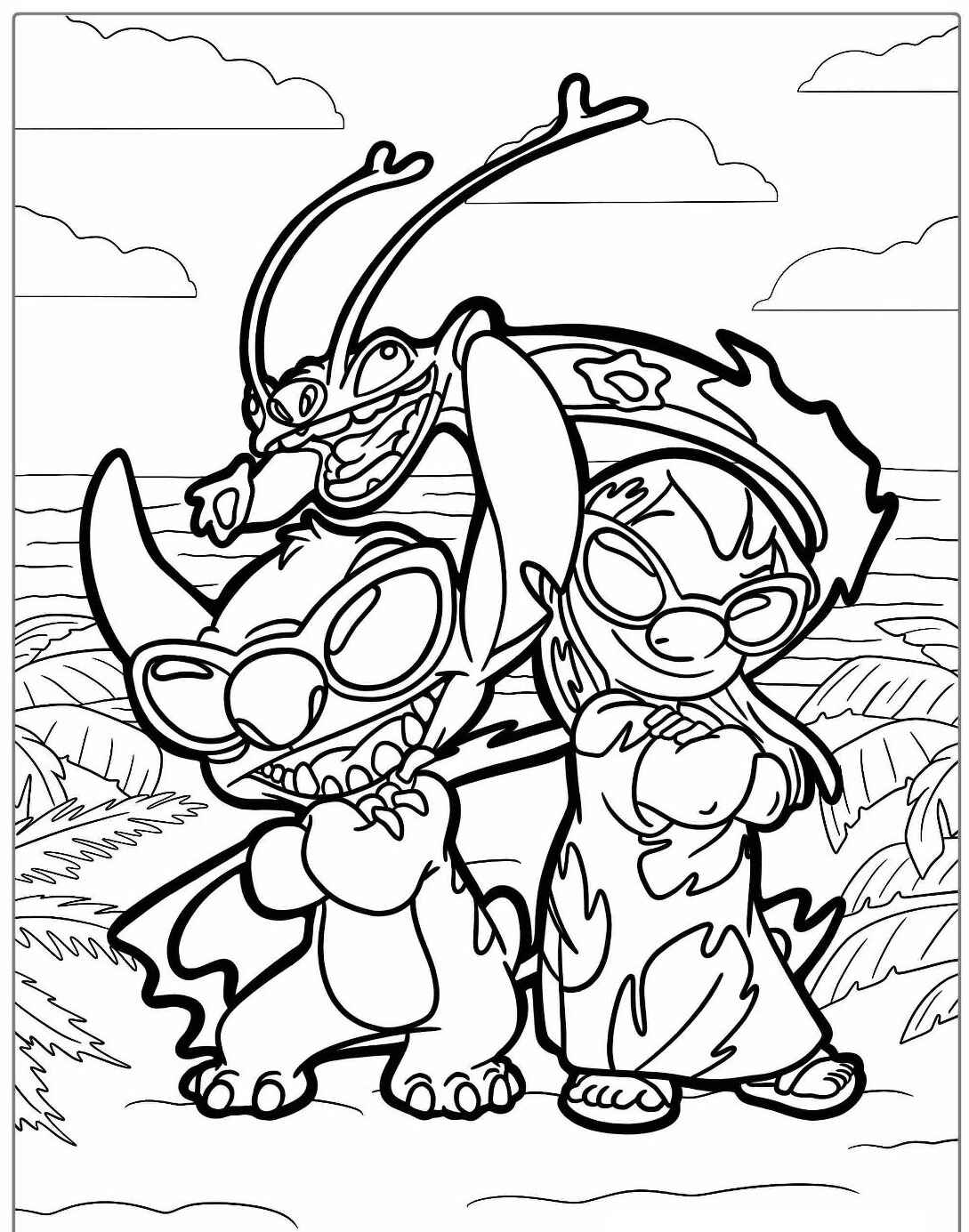 Desenho do Stitch e Lilo com o Pleakley para colorir