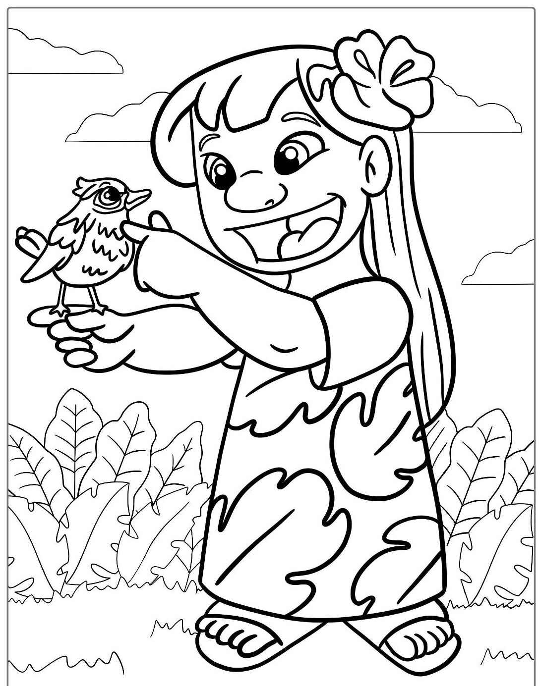 Desenho de menina segurando passarinho para imprimir e colorir