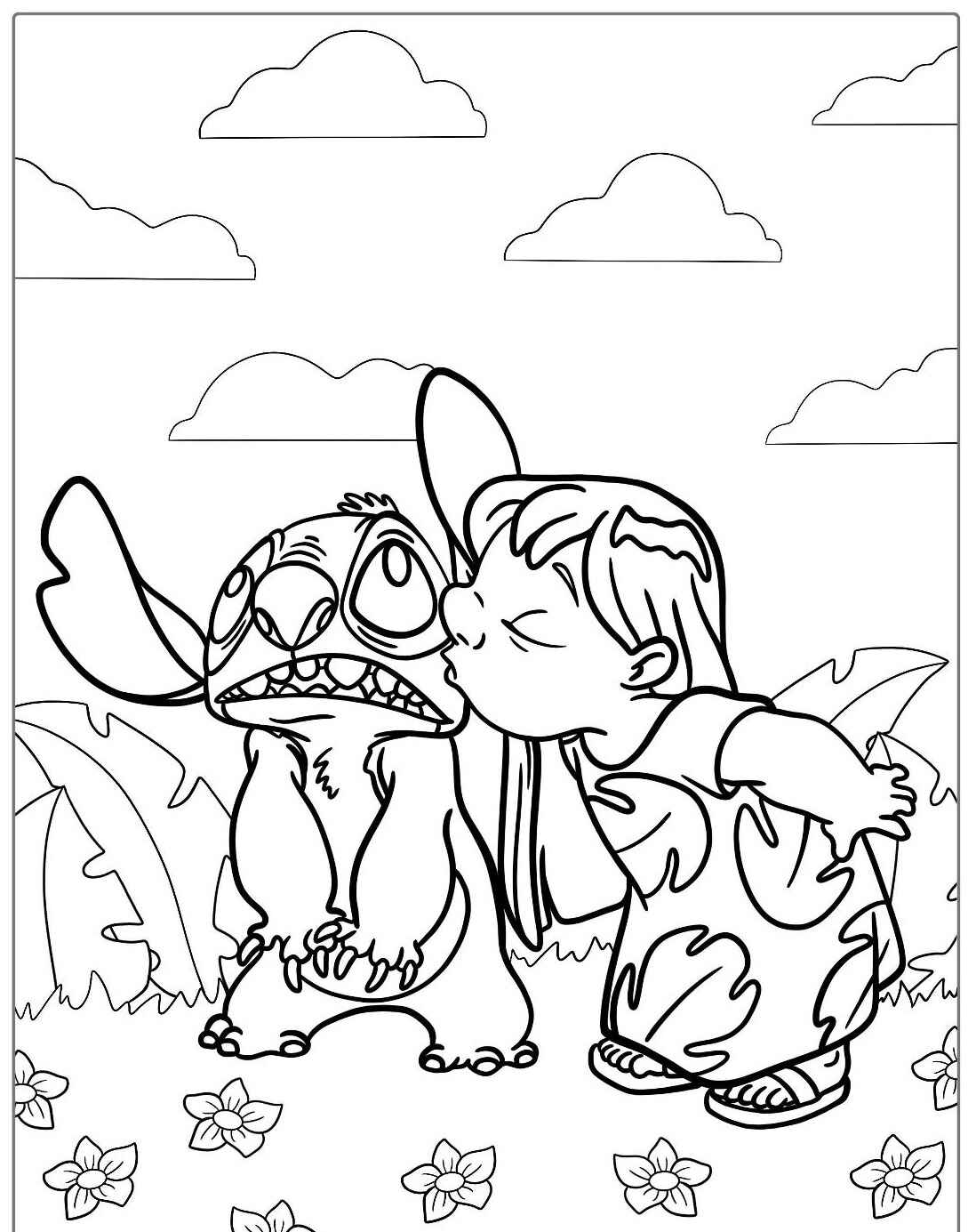 Desenho do Stitch e Lilo se beijando para imprimir e colorir