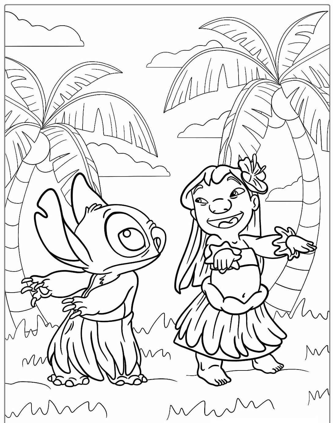 Desenho do Stitch e Lilo dançando embaixo de palmeiras