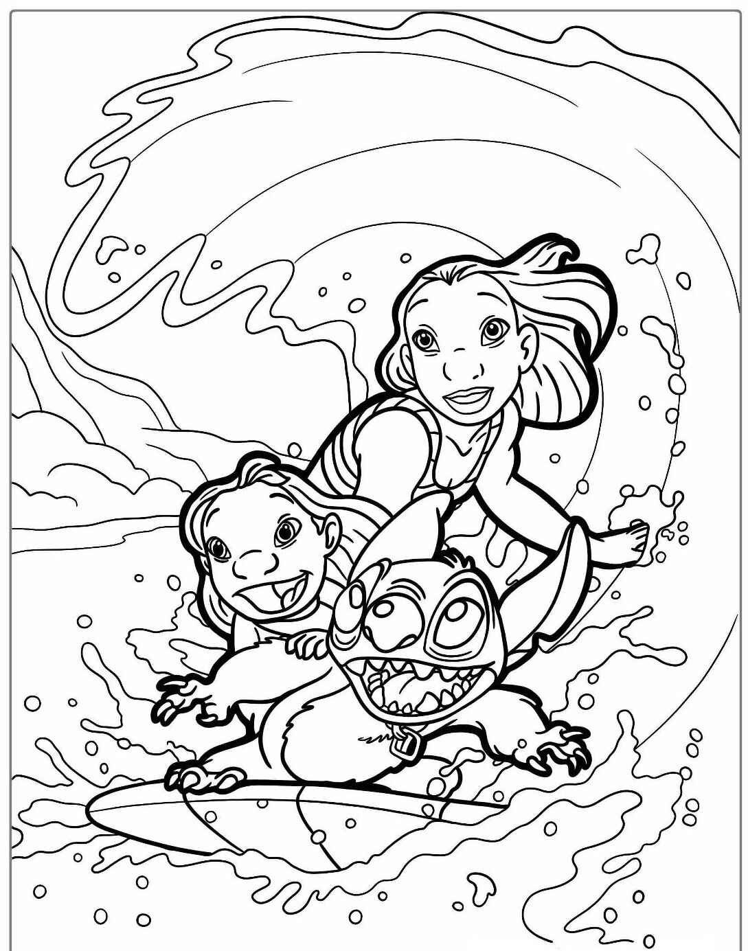 Desenho do Stitch e Lilo surfando na onda para colorir
