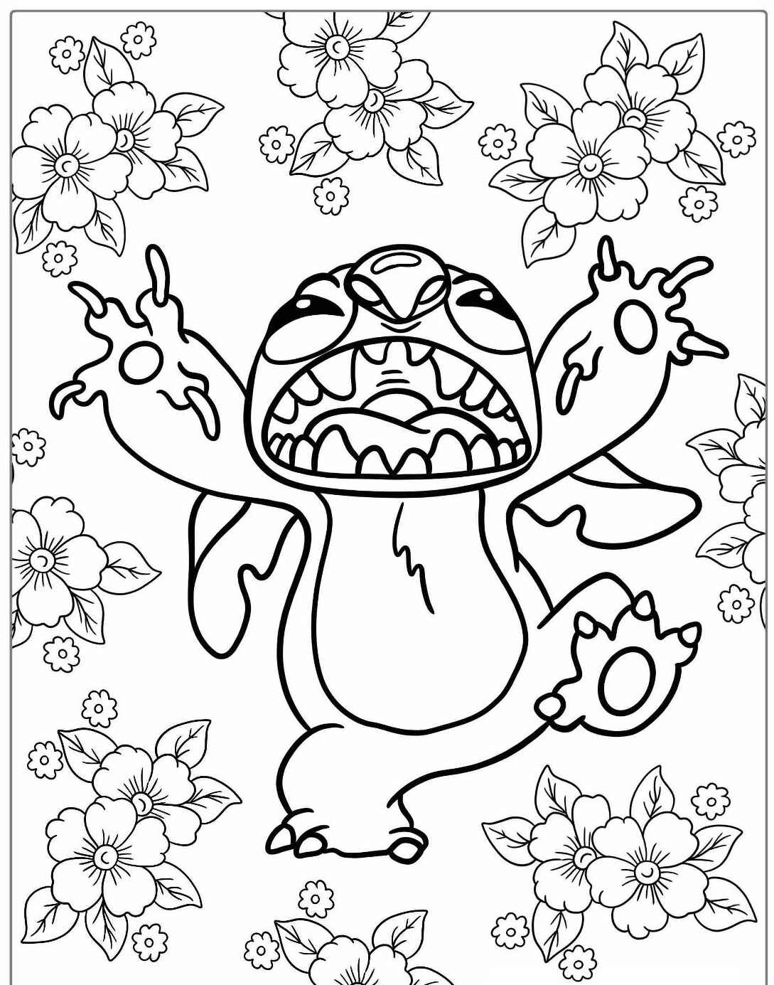 Desenho do Stitch com flores ao fundo para imprimir e colorir