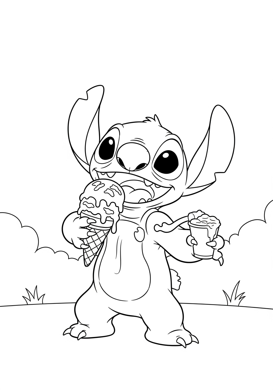 Desenho do Stitch segurando sorvete para imprimir e colorir