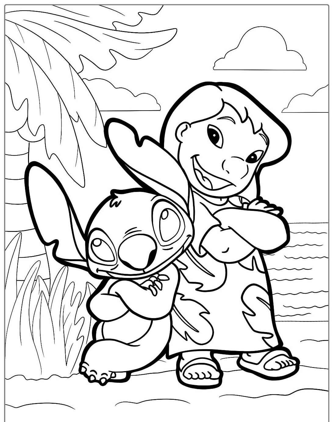 Desenho do Stitch e Lilo sorrindo para imprimir e colorir