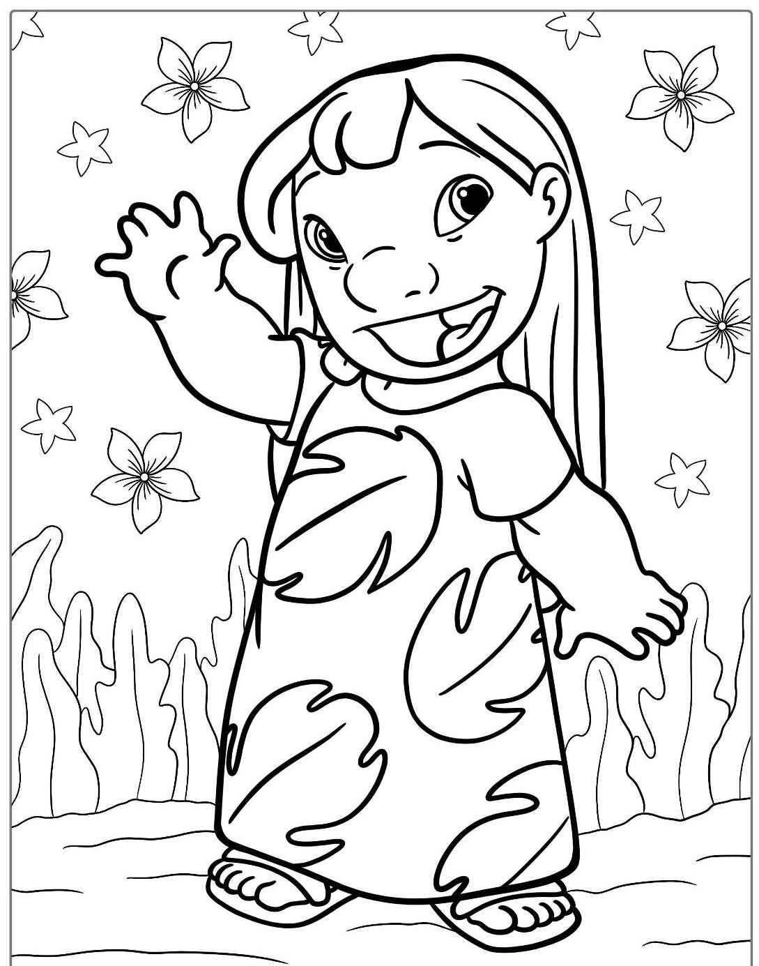 Desenho da Lilo acenando para imprimir e colorir
