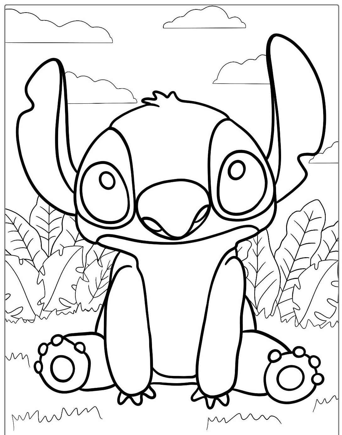 Desenho do Stitch sentado em meio a plantas para colorir