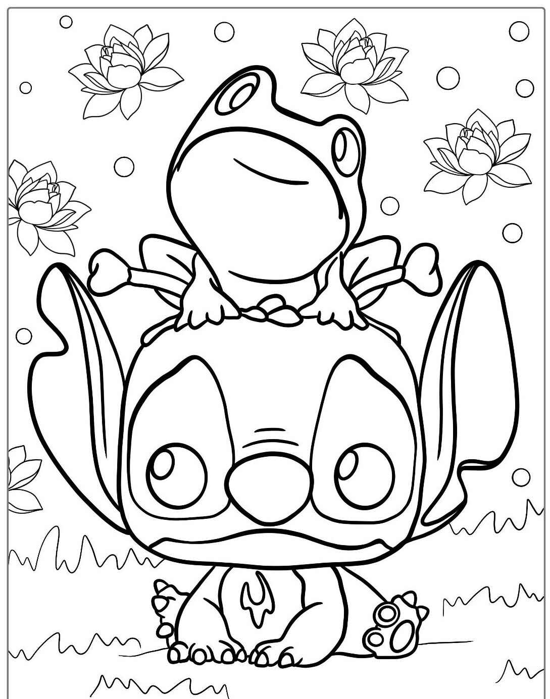 Desenho do Stitch com um sapo para imprimir e colorir