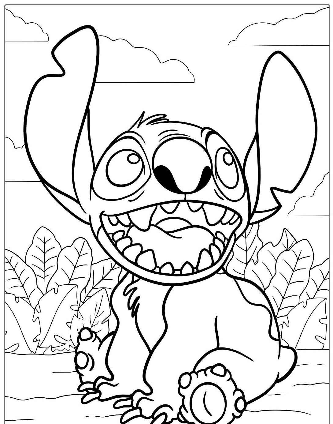 Desenho do Stitch sorrindo em um cenário tropical para colorir