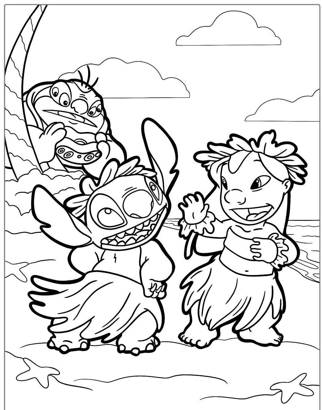 Desenho do Stitch e Lilo dançando na praia para colorir
