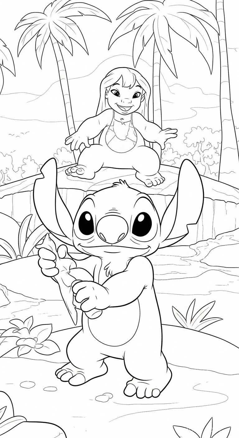 Desenho do Stitch e Lilo na praia para imprimir e colorir