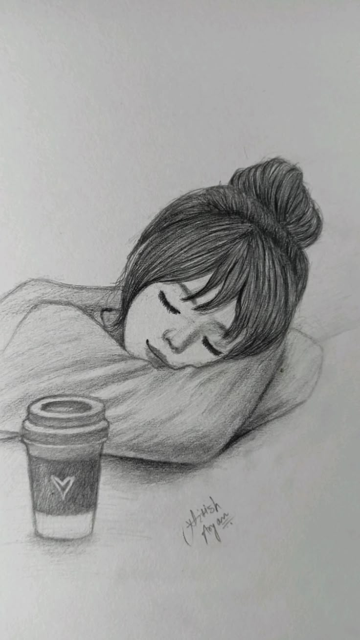 Desenhos para Desenhar de Menina dormindo com caneca ao lado