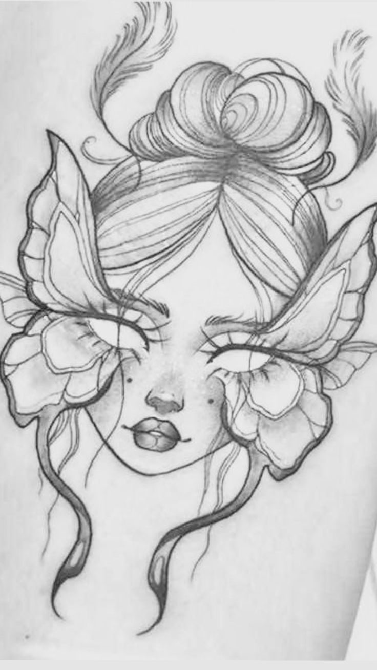 Desenho para Desenhar: Rosto feminino com borboletas grandes