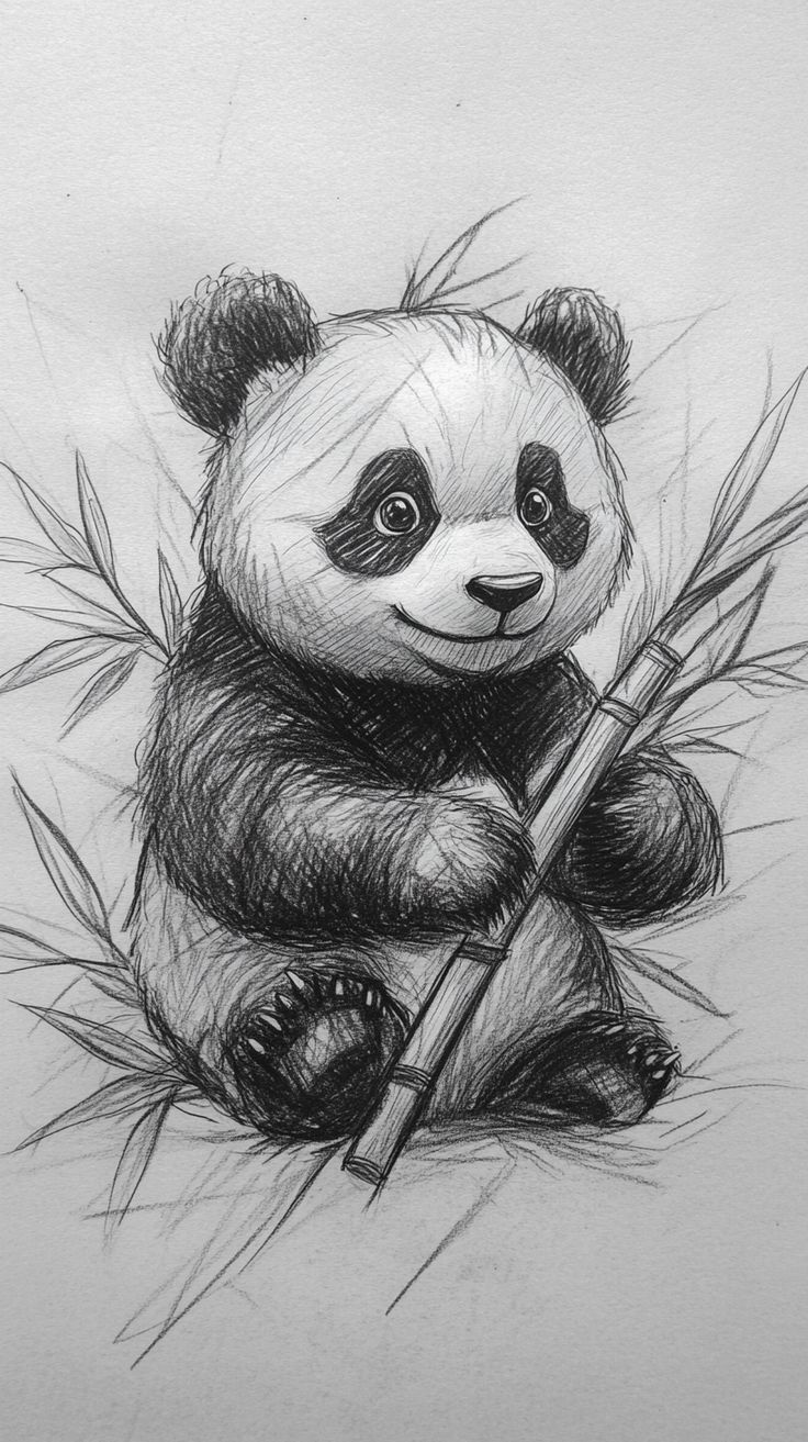 Desenho para Desenhar: Panda fofo segurando bambu