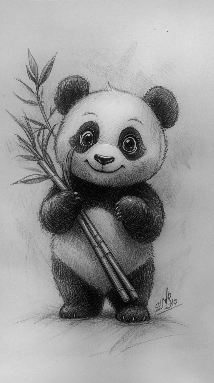 Desenho para Desenhar: Panda fofinho segurando bambu