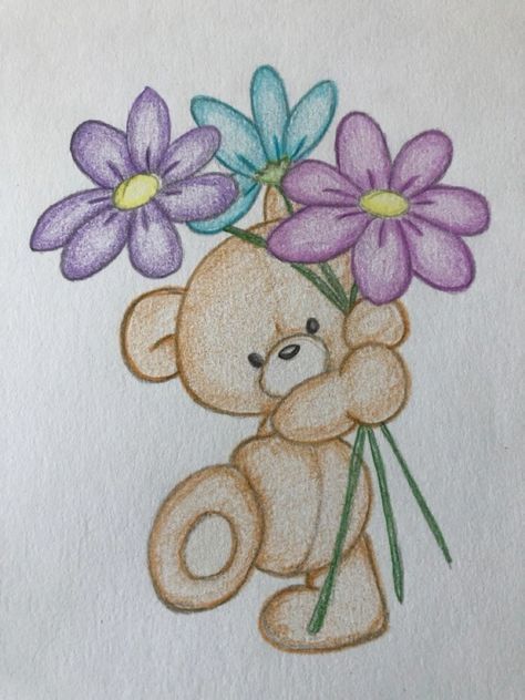 Desenho para Desenhar: Urso segurando flores coloridas