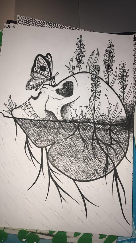 Desenho para Desenhar: Caveira com flores e borboleta