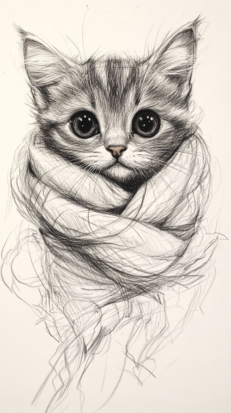 Desenhos para Desenhar de Gatinho Envolto em Cachecol
