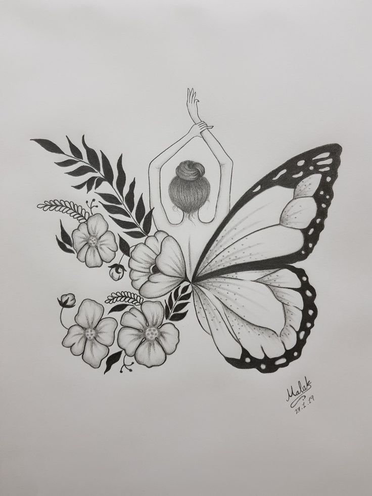 Desenho para Desenhar: Mulher com asas de borboleta e flores
