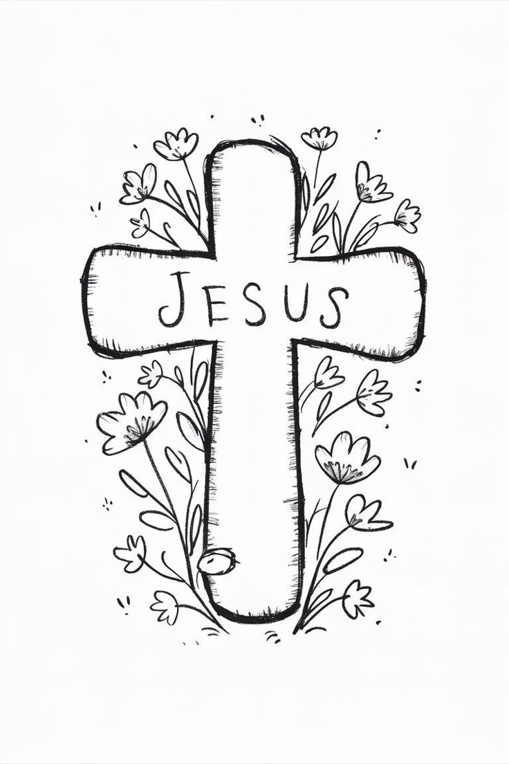 Desenho para Desenhar: Cruz de Jesus com flores ao redor