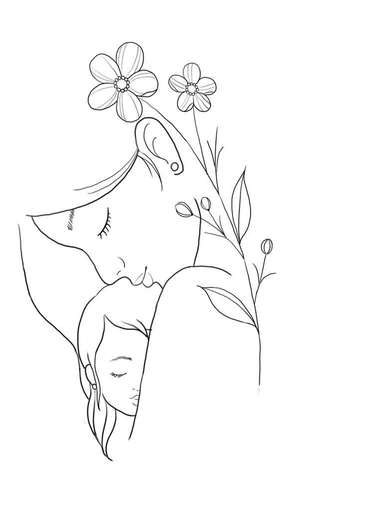 Desenho para Desenhar Mãe e filha com flores ao fundo