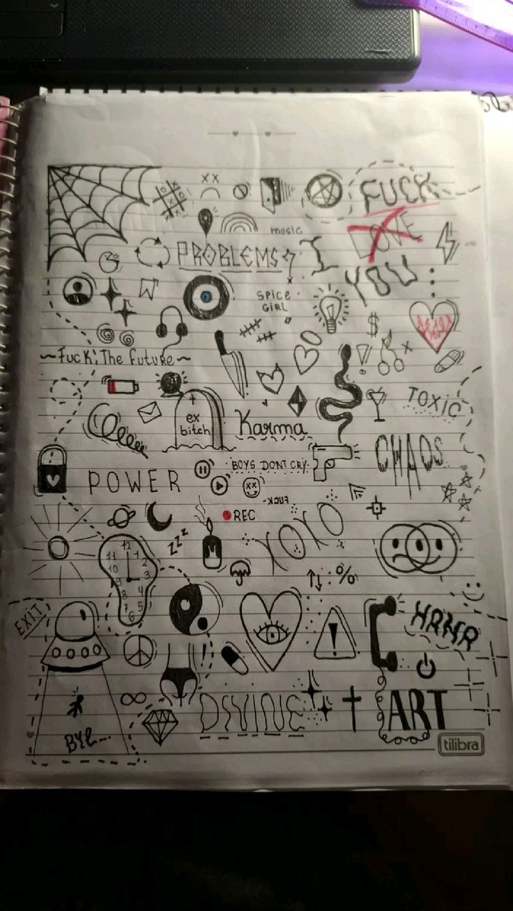 Desenho para Desenhar no Caderno de vários símbolos e frases