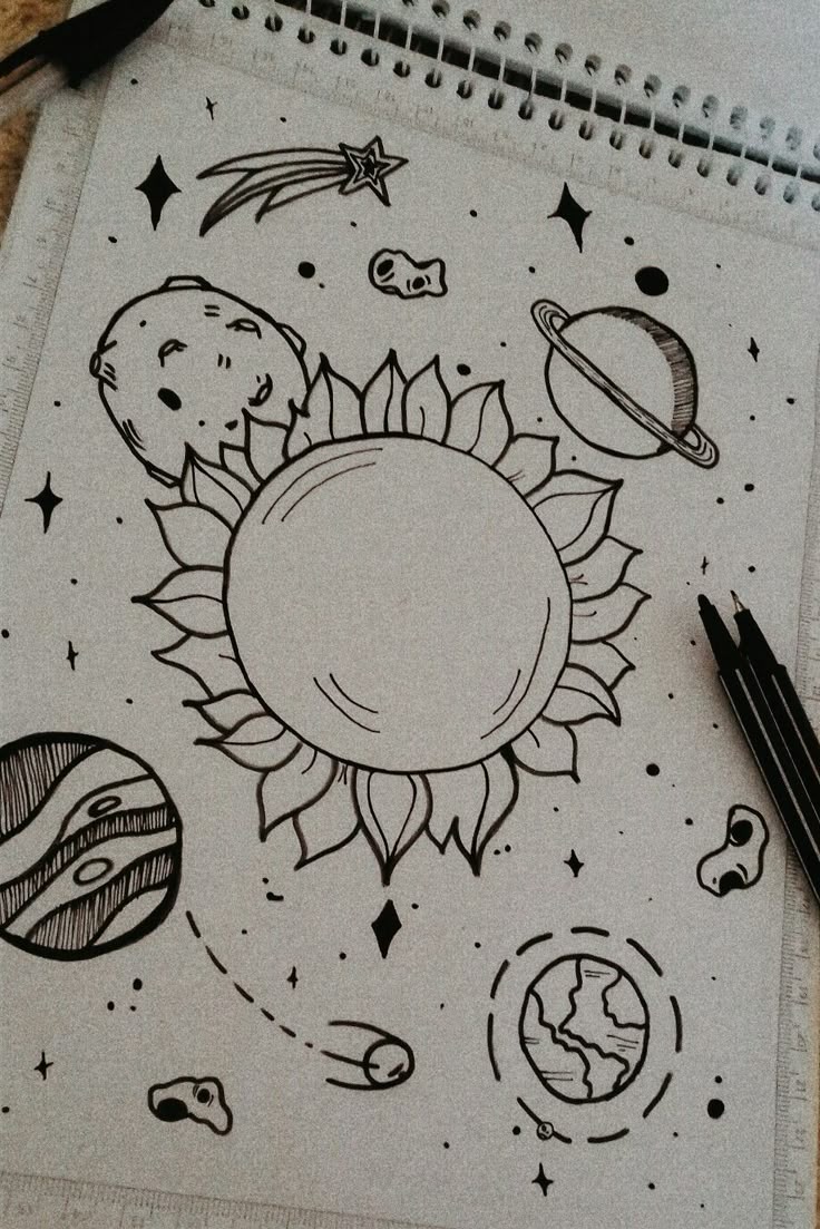Desenho para Desenhar no Caderno do espaço com planetas e sol