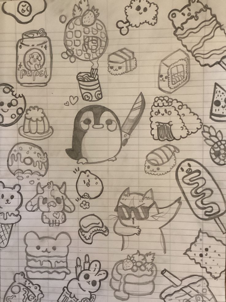 Desenho para Desenhar no Caderno de alimentos e animais divertidos