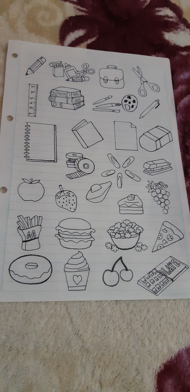 Desenho para Desenhar no Caderno de vários objetos e alimentos