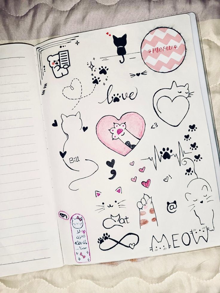 Desenho para Desenhar no Caderno de gatinhos e corações coloridos
