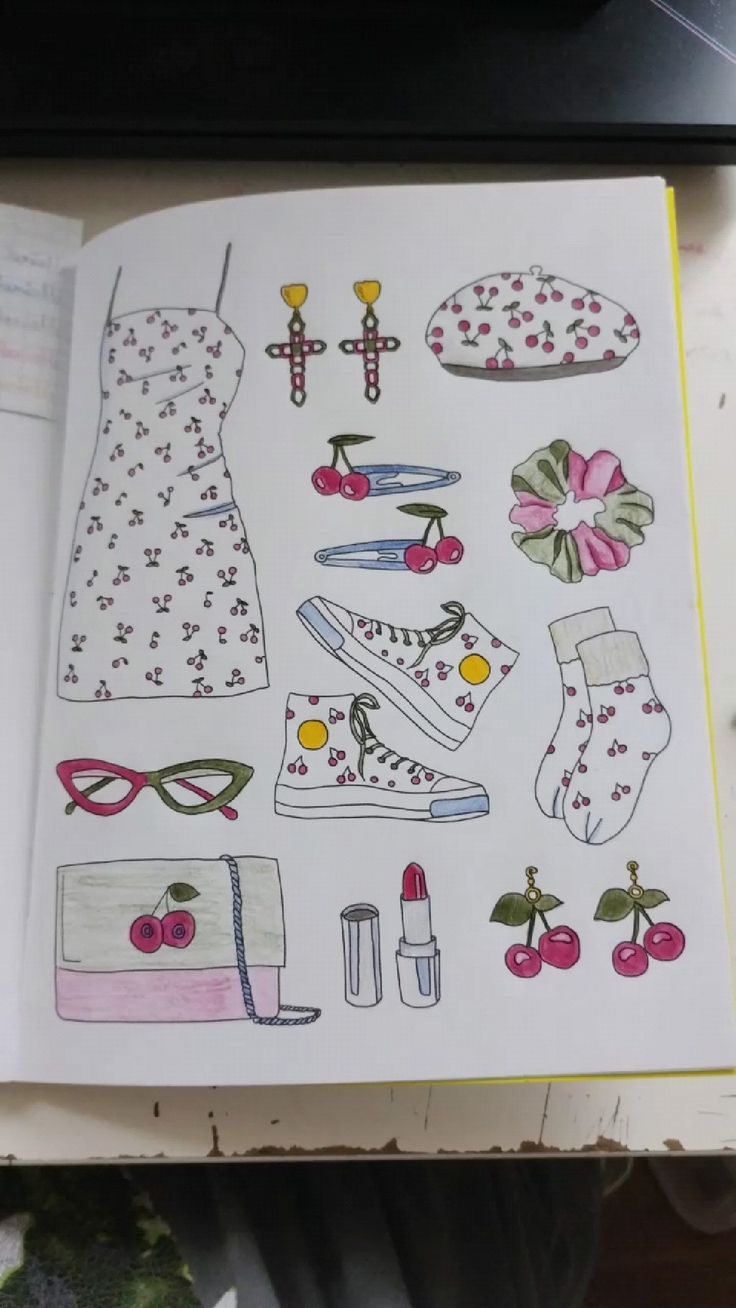 Desenho para Desenhar no Caderno de roupas e acessórios com cerejas