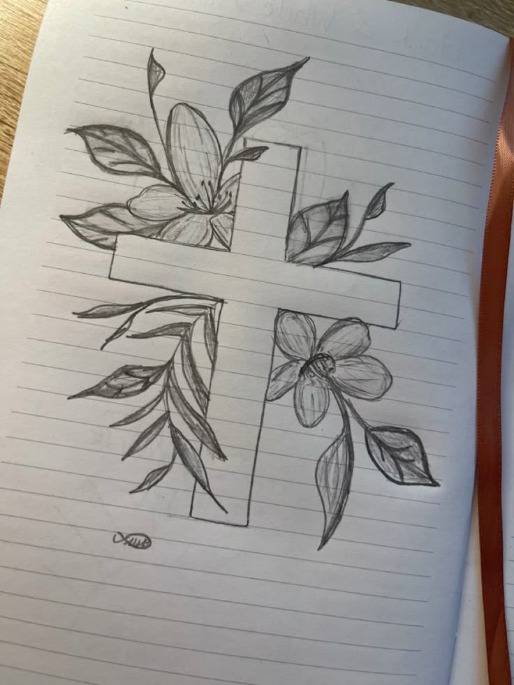 Desenho para Desenhar no Caderno de cruz com flores e folhas