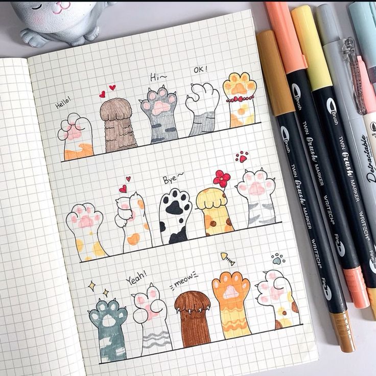 Desenho para Desenhar no Caderno de patinhas de gato coloridas