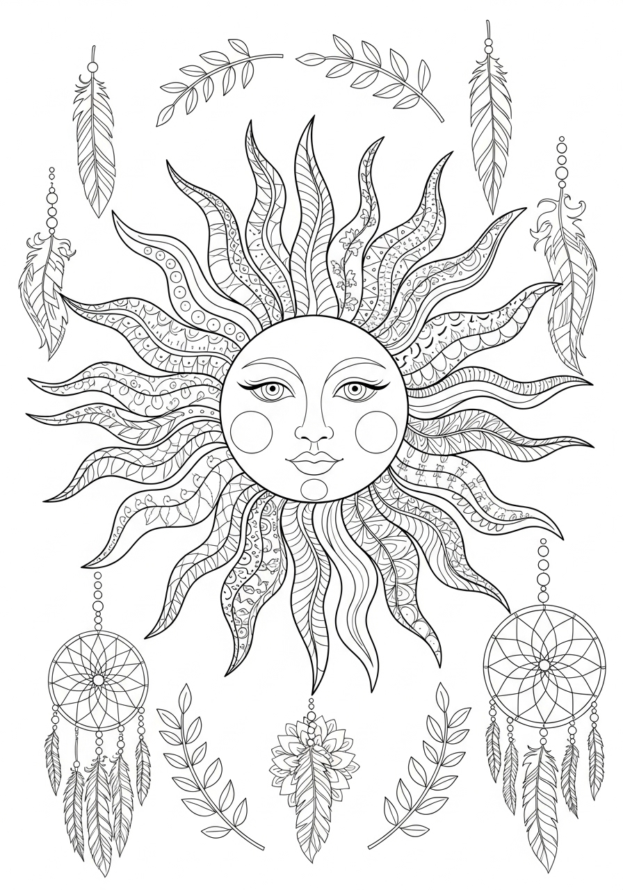 Desenho Aesthetic de sol com elementos decorativos para colorir