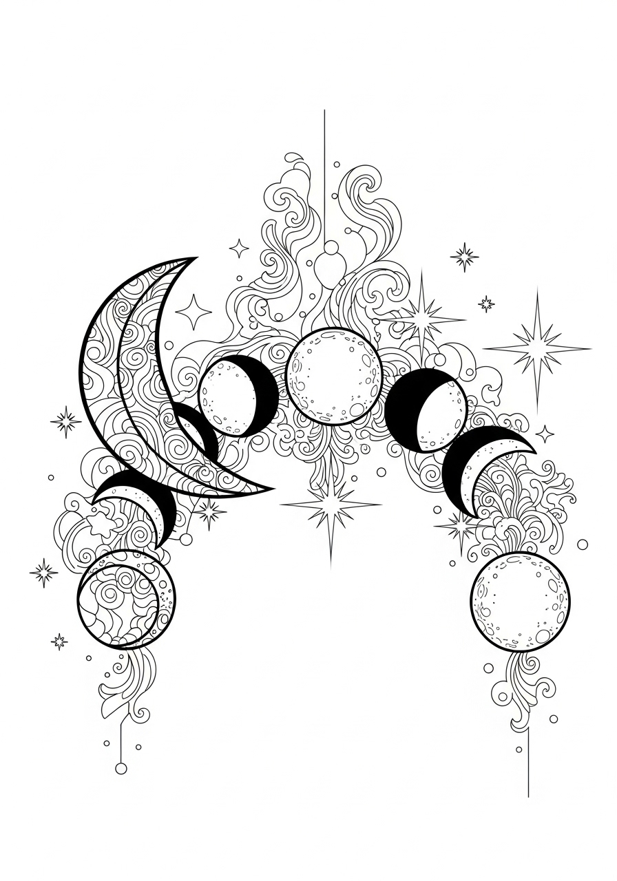 Desenho Aesthetic de lua e planetas com detalhes para colorir