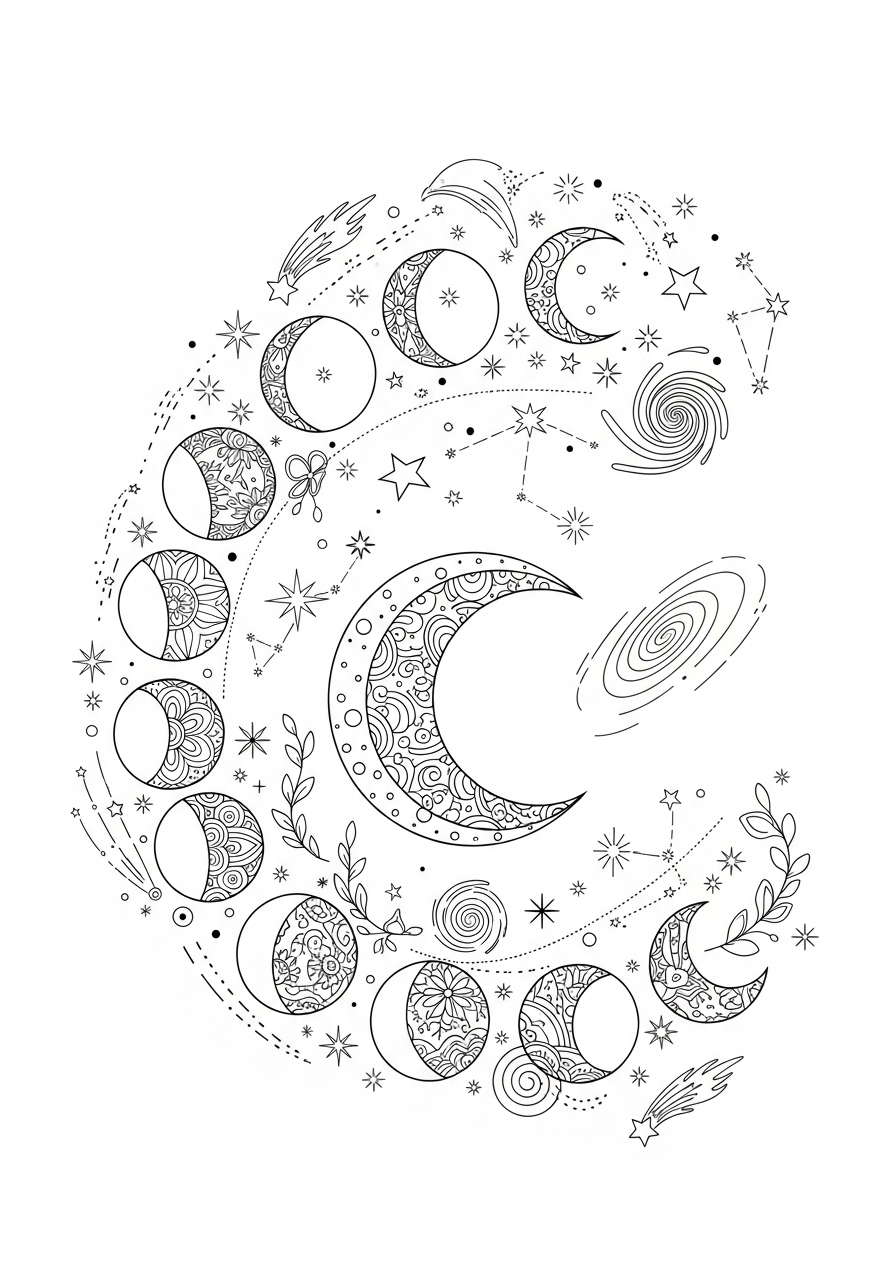 Desenho Aesthetic de fases da lua para colorir