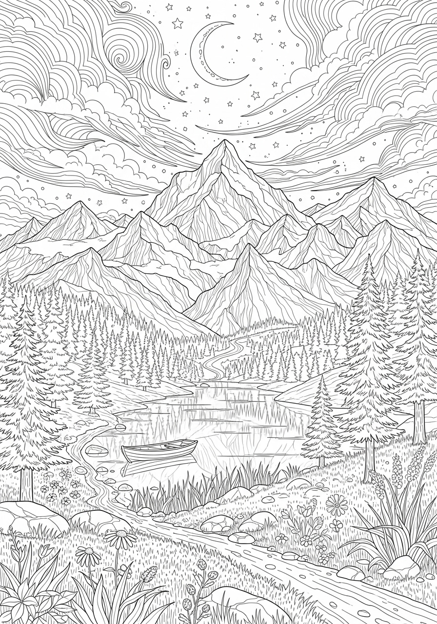 Desenho Aesthetic de montanhas e lago para colorir