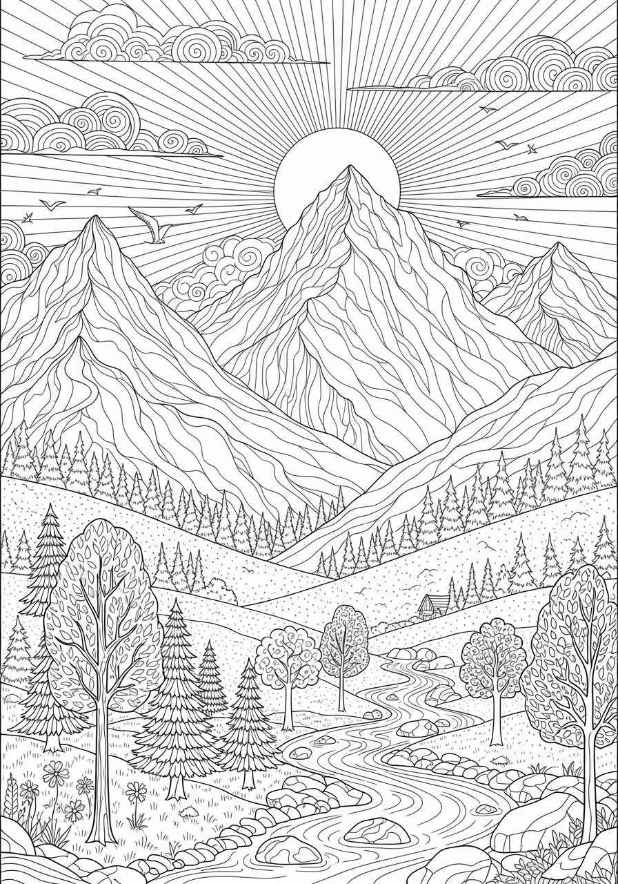 Desenho Aesthetic de montanhas e natureza para colorir