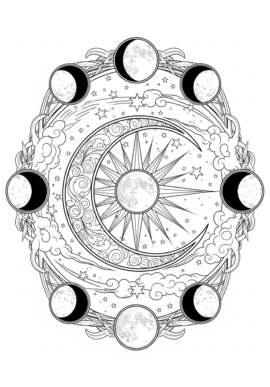 Desenho Aesthetic da lua e sol com estrelas para colorir
