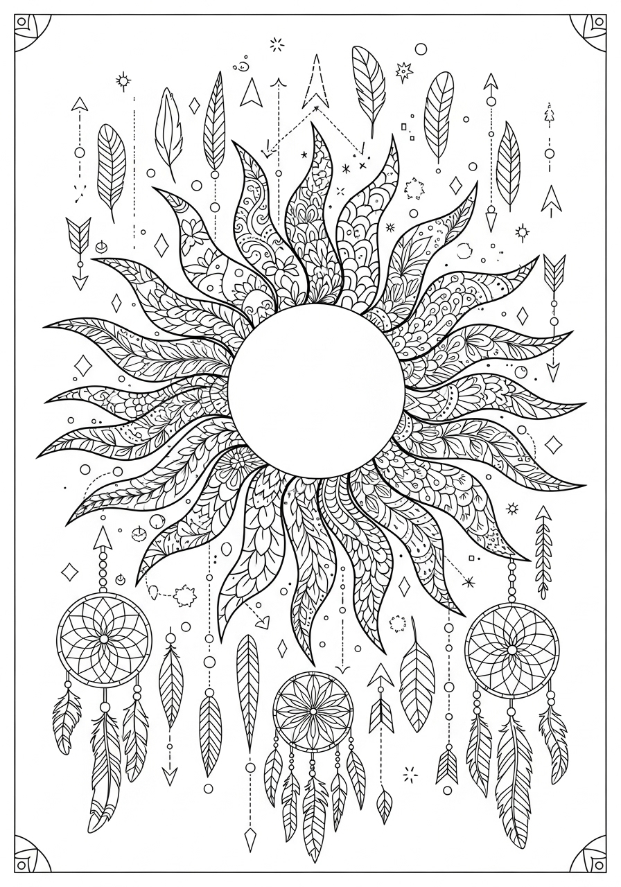 Desenho Aesthetic de sol com penas e mandalas para colorir